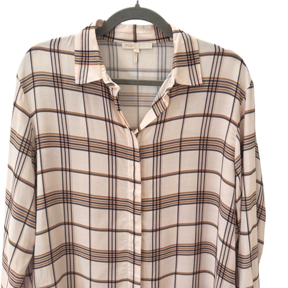 Maje Plaid Long Sleeve Button Down Shirt Blue Tan Size 3/Large - Picture 7 of 14